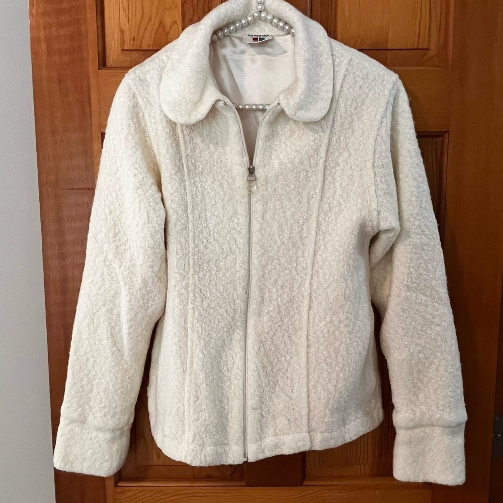 Women’s Ivory Cream Sherpa Jacket Sz M Puffy Fleece Zip Fall Winter Warm Cozy